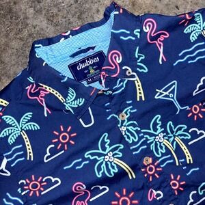 Chubbies Shirt Mens Medium Navy Blue Neon Lights Cotton Short Sleeve Button Up